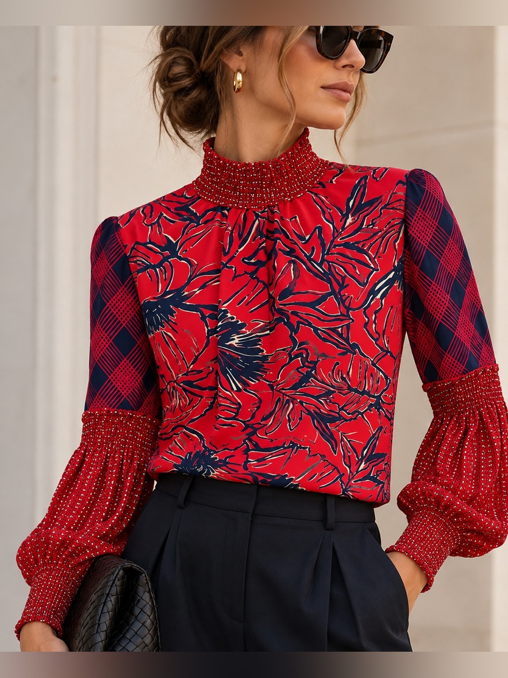 Blink London for Anthropologie Red Floral Blouse Small Beaded Collar